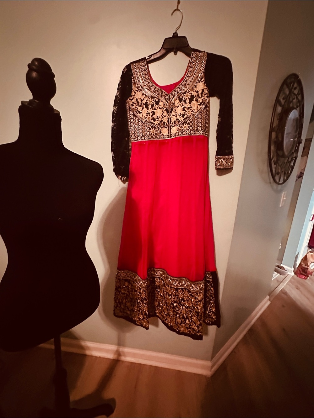 Source Unknown Red & Black Embroidered Long-Sleeve Anarkali Dress